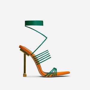 POINTED TOE METALLIC STILETTO HEEL IN ORANGE AND GREEN FAUX LEATHER